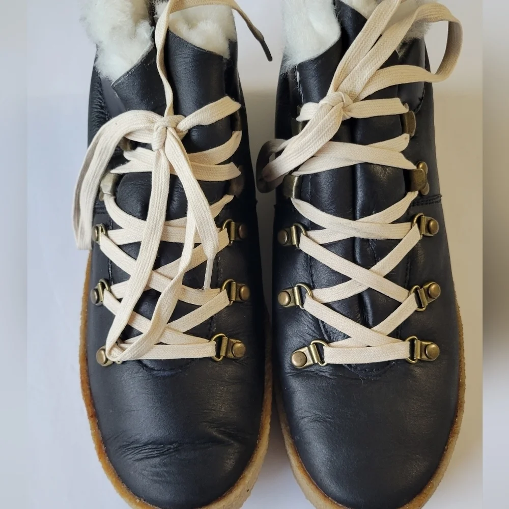 New 41 F-troupe Crepe Sole, Hiking, Black Fur Sheep Boots.